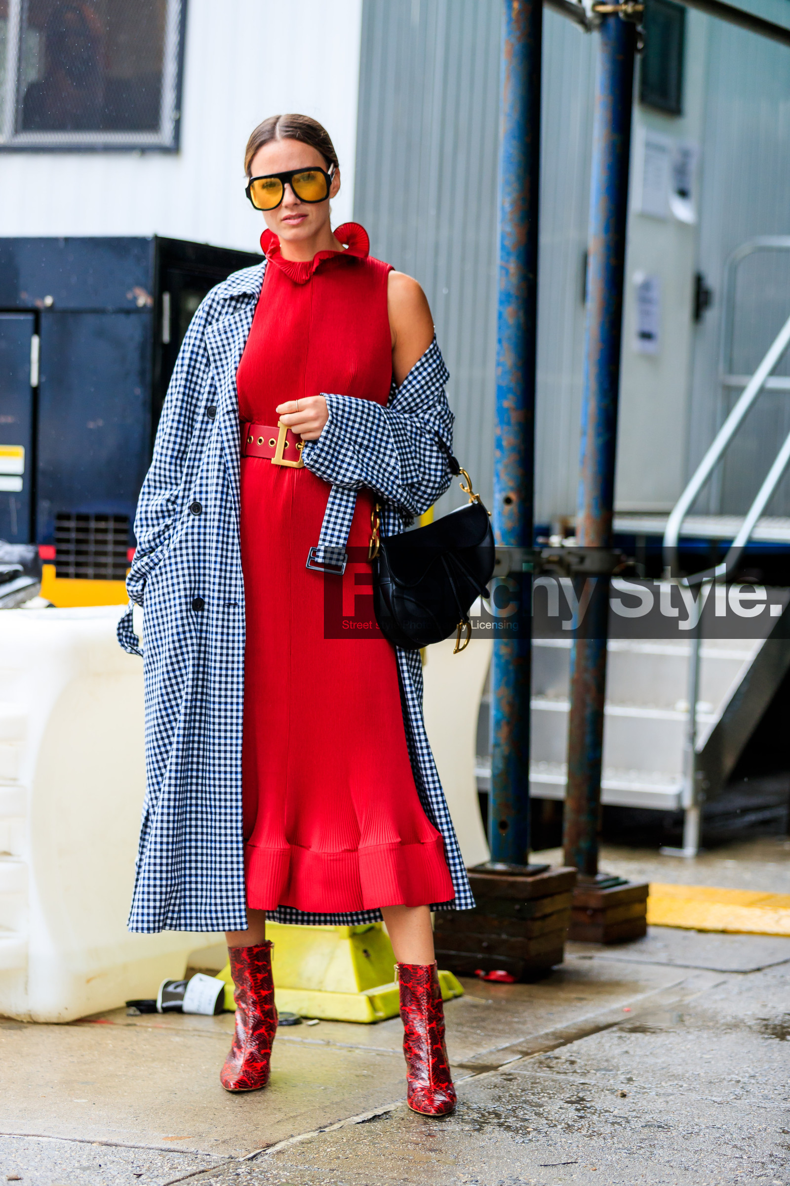 black and white, black bag, checked, christian dior, gingham, graphic jacket, high heels, leather bag, leather shoes, plaid, printed jacket, red belt, red boots, red dress, saddle bag, sunglasses, trench coat, zina charkoplia, street style, jonathan paciullo, FW, frenchystyle, fashion week, NYFW, NEW YORK, SPRING SUMMER 2019, SS 19, vertical, full length