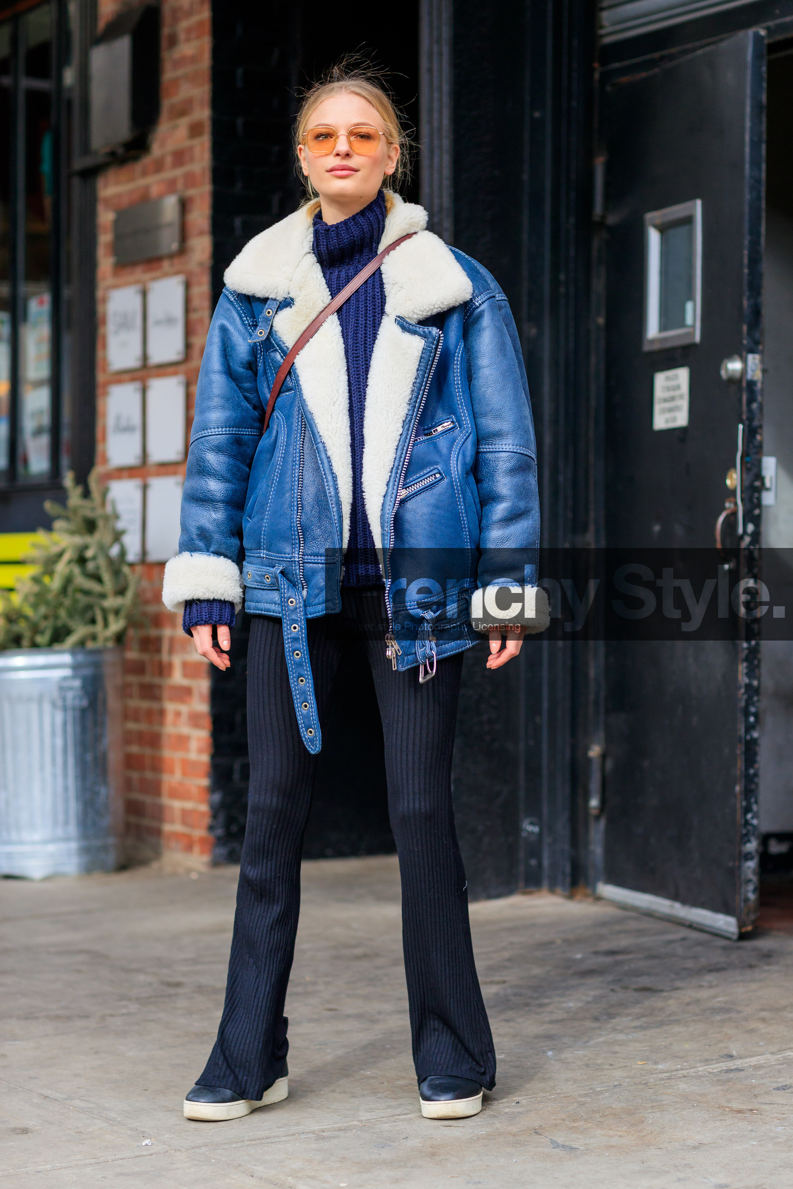 AUTUMN WINTER 2017-2018, AW 17-18, black pants, black sneakers, blue denim, blue sweater, denim jacket, FALL WINTER 2017-2018, fashion week, Frederikke Sofie Falbe-Hansen, frenchystyle, full length, FW, FW 17-18, jonathan paciullo, model, NEW YORK, NYFW, shearling, street style, sunglasses, vertical
