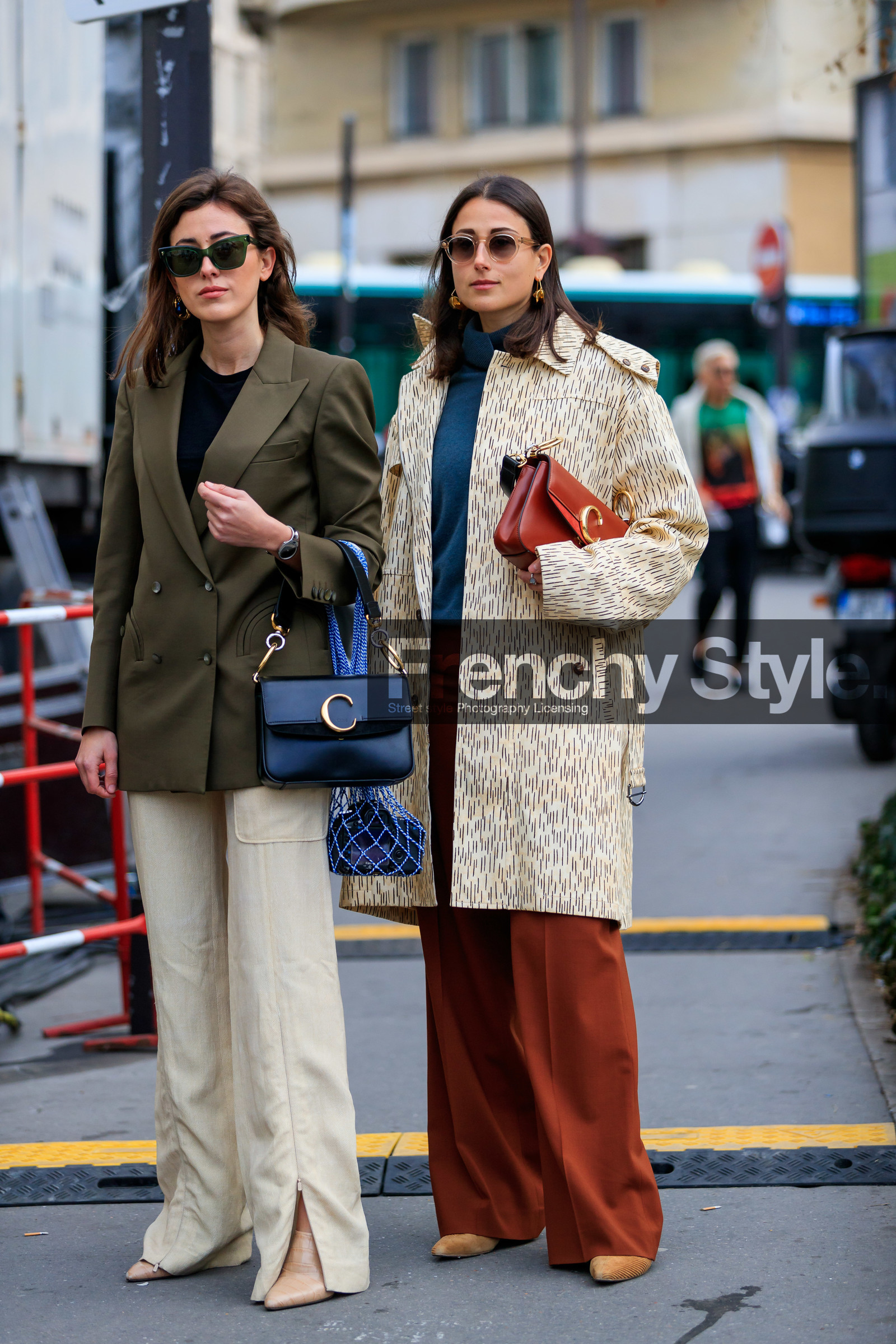 beige coat, beige pants, beige shoes, black bag, black sweater, blazer, blue sweater, brown pants, camel boots, chloé, earrings, graphic jacket, green jacket, julia haghjoo, leather bag, leather shoes, printed jacket, red bag, sunglasses, sylvia haghjoo, trousers, PARIS, PFW, street style, jonathan paciullo, FW, frenchystyle, fashion week, AUTUMN WINTER 2019-2020, AW 19-20, FALL WINTER 2019-2020, FW 19-20, vertical, full length