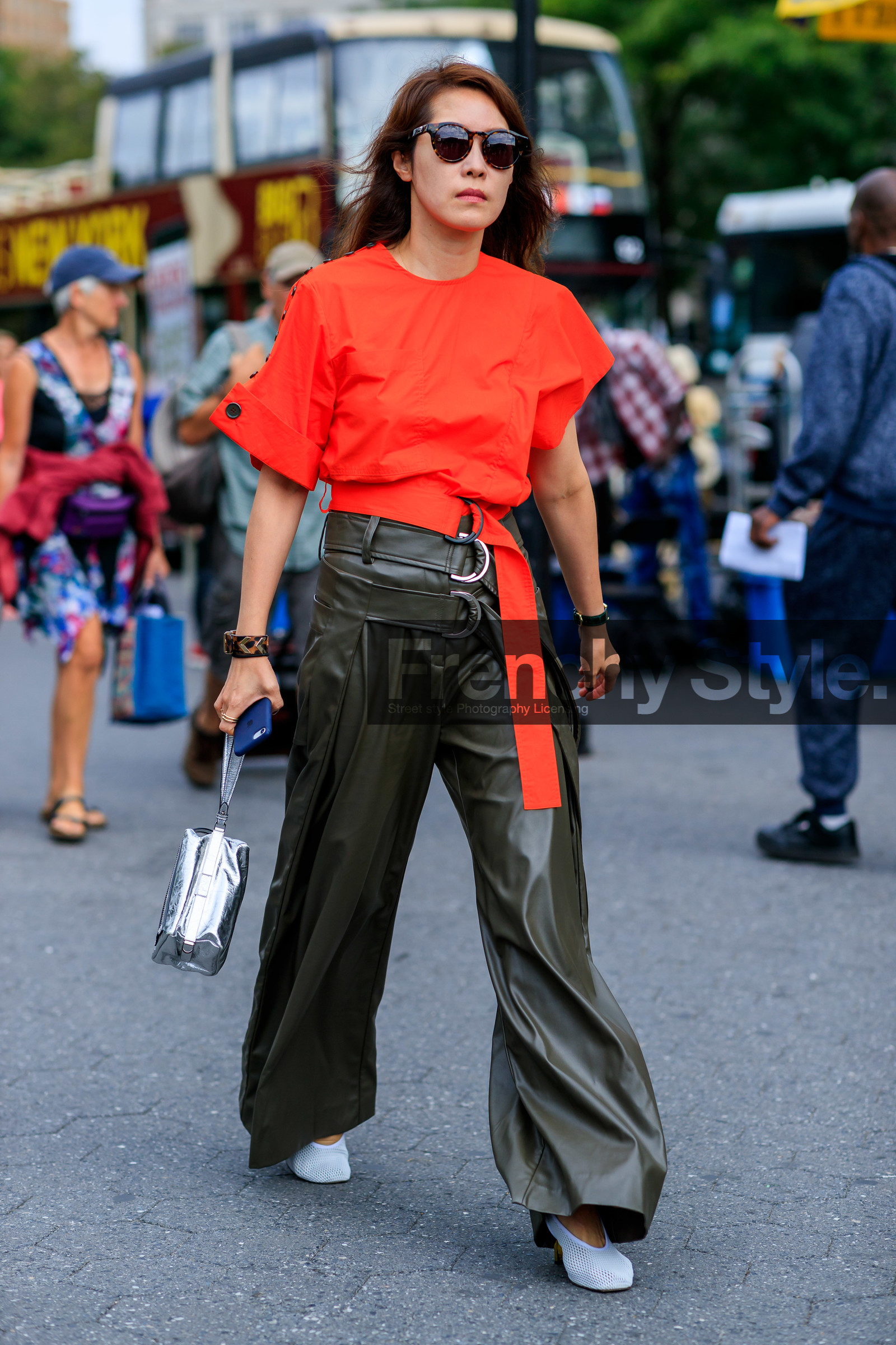 bracelet, green pants, high heels, leather pants, leather shoes, red shirt, shiny bag, silver bag, sunglasses, trousers, white shoes, street style, jonathan paciullo, FW, frenchystyle, fashion week, NEW YORK, NYFW, SPRING SUMMER 2020, SS 20, vertical, full length