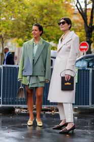 ruffle skirt, tie and dye jacket, tie and dye skirt, green jacket, green skirt, green shirt, satin shirt, light green leather shoes, celine shoes, golden buckle shoes, sharp end shoes, brown leather shoes, kitten heels shoes, black leather shoes, box bag, hand bag, white coat, white pants, scale sunglasses, celine sunglasses, PARIS, PFW, SPRING SUMMER 2020, SS 20, fashion week, frenchystyle, FW, jonathan paciullo, street style, vertical, full length