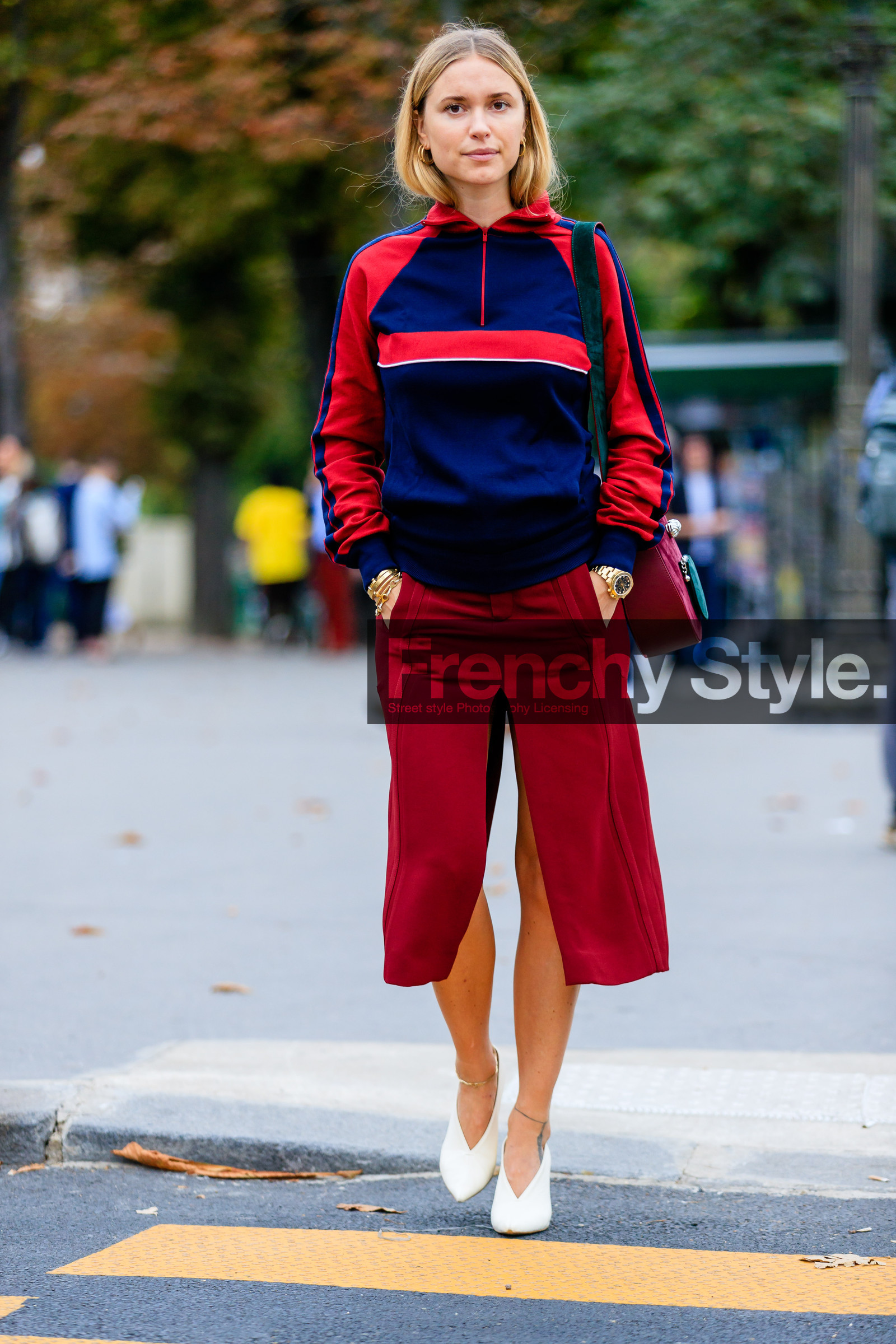 blue sweater, fashion week, frenchystyle, full length, FW, high heels, jonathan paciullo, leather bag, leather shoes, PARIS, pernille teisbaek, PFW, printed sweater, red bag, red skirt, SPRING SUMMER 2017, SS 17, street style, suede bag, vertical, white shoes