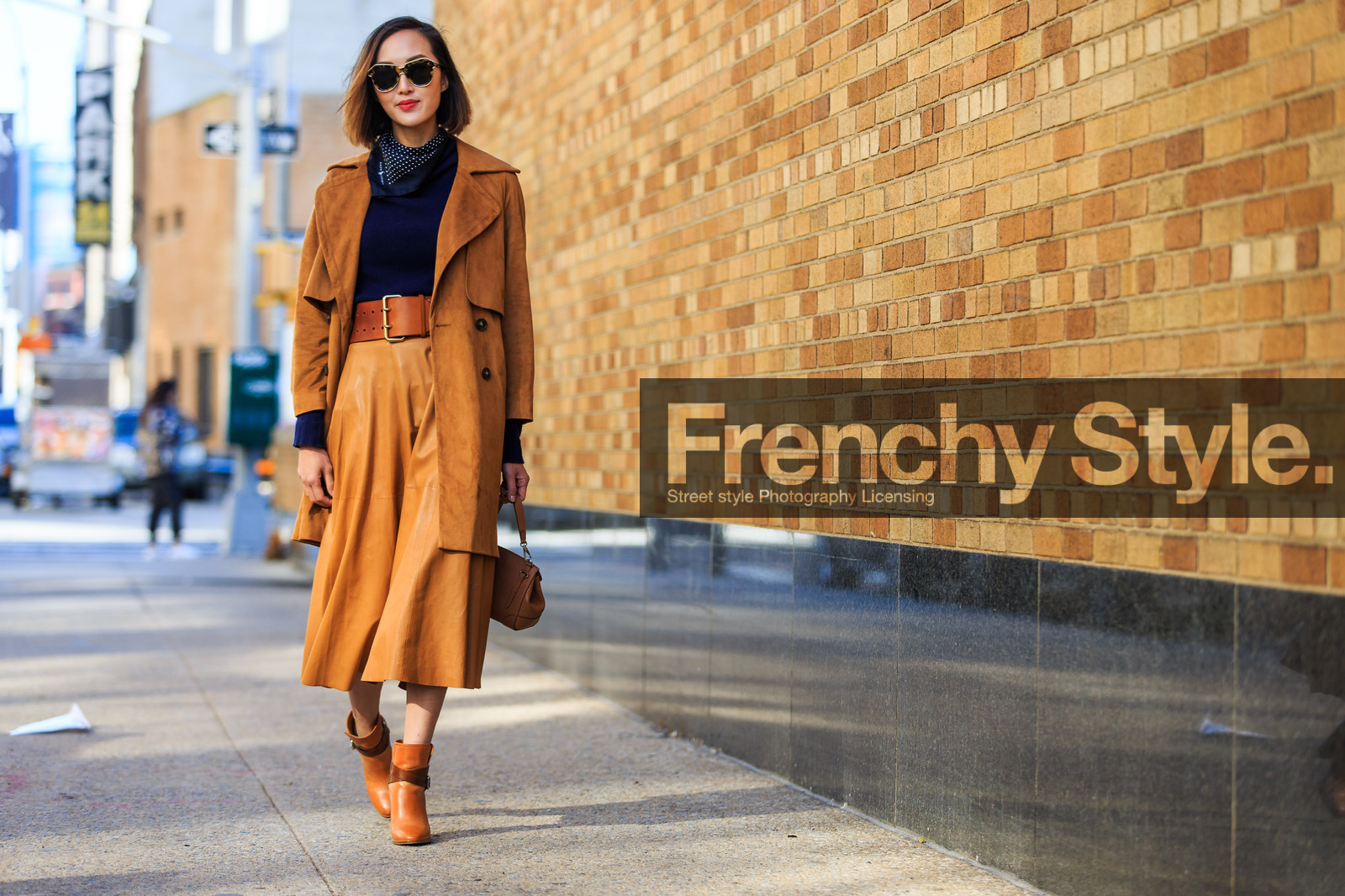 atmosphere details, AUTUMN WINTER 2016-2017, AW 16-17, blue knit, blue scarf, blue sweater, brown belt, brown boots, brown jacket, brown skirt, camel bag, camel boots, camel coat, camel jacket, Chriselle Lim, fashion week, frenchystyle, full length, FW, FW 16-17, high heels, horizontal, jonathan paciullo, leather bag, leather belt, leather boots, leather skirt, long skirt, NEW YORK, NYFW, polka dot, ralph lauren, street style, suede jacket, sunglasses, woman