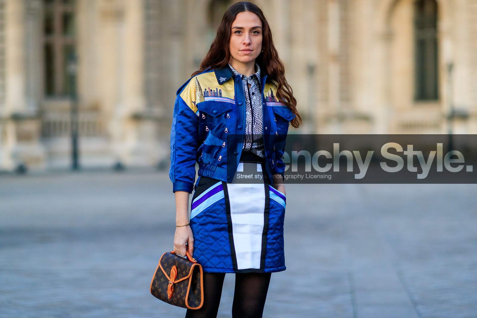 erika boldrin, louis vuitton skirt, louis vuitton jacket, louis vuitton shirt, louis vuitton bag, blue jacket, blue bombers, blue skirt, white skirt, yellow jacket, yellow bombers, striped skirt, brown leather bag, camel leather bag, hand bag, monogrammed bag, black shirt, white shirt, geometrical printed shirt, satin bombers, satin jacket, satin skirt, blue leather jacket, blue leather bombers, blue suede jacket, blue suede bombers, mini skirt, quilted jacket, quilted skirt, quilted bombers, printed bombers, printed jacket, black tights, fashion week, frenchystyle, FW, jonathan paciullo, street style, PFW, PARIS, horizontal, atmosphere details, detail