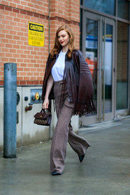 larsen thompson, brown leather bombers, brown leather coat, brown leather jacket, fringe coat, fringe jacket, white t-shirt, checked pants, beige pants, brown leather bag, hand bag, flare pants, high waist pants, monogrammed bag, fashion week, frenchystyle, FW, jonathan paciullo, street style, NYFW, NEW YORK, AUTUMN WINTER 2020-2021, FALL WINTER 2020-2021, FW 20-21, vertical, full length
