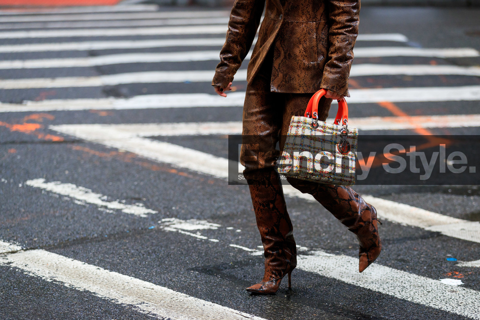 brown leather jacket, brown leather pants, brown leather boots, animal skin boots, animal skin jacket, animal skin pants, high boots, high heels boots, dior bag, lady dior bag, tweed bag, checked bag, orange leather bag, white bag, multicolor bag, fashion week, frenchystyle, FW, jonathan paciullo, street style, AUTUMN WINTER 2020-2021, FALL WINTER 2020-2021, FW 20-21, horizontal, atmosphere details, detail, NYFW, NEW YORK