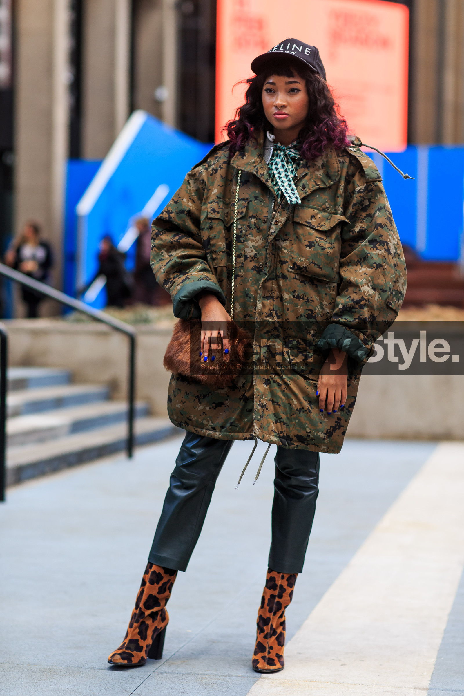 animal print, AUTUMN WINTER 2016-2017, AW 16-17, black cap, brown bag, brown boots, brown fur, camo jacket, camouflage, FALL WINTER 2016-2017, fashion week, frenchystyle, full length, fur bag, FW, FW 16-17, green pants, high heels, jonathan paciullo, kaki jacket, leather pants, military jacket, NEW YORK, NYFW, oversize, street style, suede shoes, trousers, vertical, woman