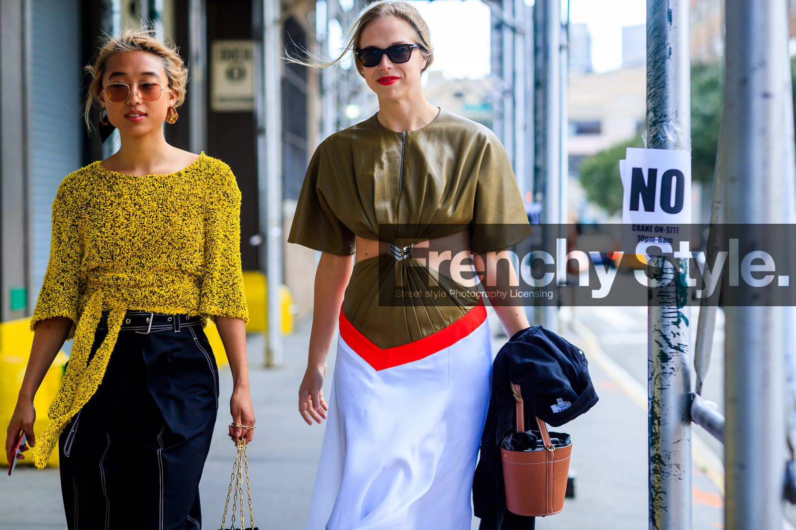 atmosphere details, black pants, brown bag, chloe king, detail, earrings, fashion week, frenchystyle, FW, graphic dress, horizontal, jonathan paciullo, leather bag, leather dress, Margaret Zhang, NEW YORK, NYFW, patchwork, red lips, SPRING SUMMER 2018, SS 18, street style, sunglasses, trousers, yellow sweater