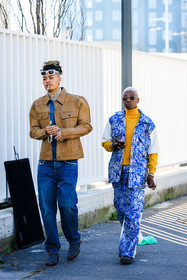 white sunglasses, printed pants, blue trousers, sleeveless blue vest, sleeveless printed vest, mustard yellow turtleneck, pilot sunglasses, white hair, overzised look, diesel jeans, leather jacket, camel jacket, grey boots, fashion week, frenchystyle, FW, jonathan paciullo, street style, MFW, MILAN, AUTUMN WINTER 2022-2023, FALL WINTER 2022_2023, FW 22-23, vertical, full length