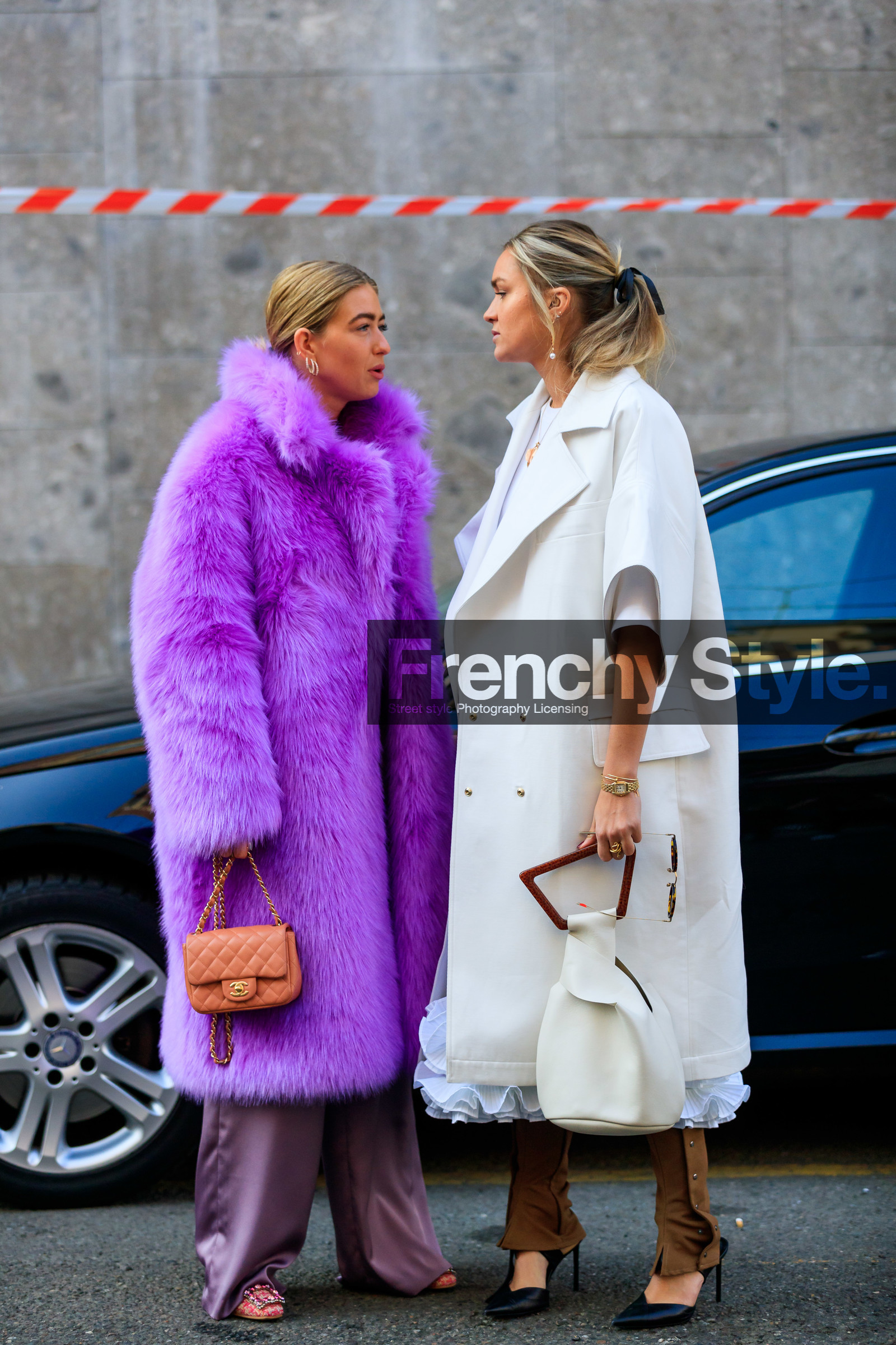 chanel handbag, emili sindlev, Fur coat, leather bag, leather shoes, pink bag, purple coat, purple fur, purple pants, salmon, trousers, black shoes, brown pants, high heels, leather bag, leather shoes, necklace, nina suess, sunglasses, white bag, white coat, white dress, MILAN, MFW, fashion week, frenchystyle, FW, jonathan paciullo, street style, AUTUMN WINTER 2019-2020, AW 19-20, FALL WINTER 2019-2020, FW 19-20, vertical, full length