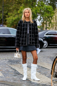 camille charriere, black jacket, black tights, tweed jacket, checked jacket, white bag, box bag, hand bag, chanel bag, chanel jacket, mini skirt, grey skirt, checked skirt, white leather boots, flat boots, high boots, PARIS, PFW, SPRING SUMMER 2020, SS 20, fashion week, frenchystyle, FW, jonathan paciullo, street style, vertical, full length