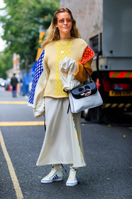 adidas, beige sweater, black and white bag, checked sweater, fashion week, frenchystyle, full length, FW, graphic sweater, jonathan paciullo, jw anderson, leather bag, leather shoes, LFW, LONDON, multicolor sweater, plaid, printed sweater, SPRING SUMMER 2018, SS 18, street style, vertical, white skirt, white sneakers