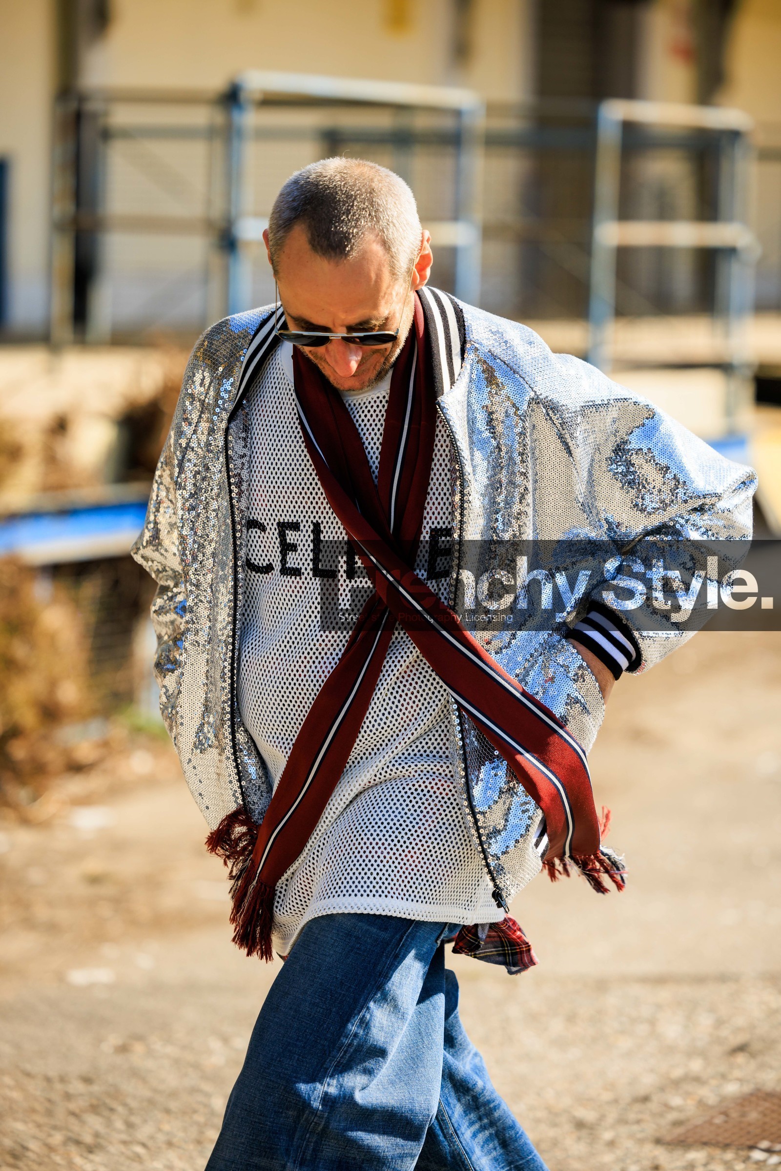 sparkling jacket, celine shirt, logo shirt, red scarf, sunglasses, silver jacket, denim pants, classics jeans, fashion week, frenchystyle, FW, jonathan paciullo, street style, vertical, atmosphere details, detail
