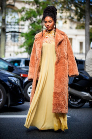 sharon alexie, fur coat, camel coat, light yellow dress, drape dress, silk dress, floral embroidered dress, floral embroidered collar, long dress, pleated dress, orange dress, fashion week, frenchystyle, FW, jonathan paciullo, street style, PFW, PARIS, SPRING SUMMER 2021, SS 21, vertical, full length
