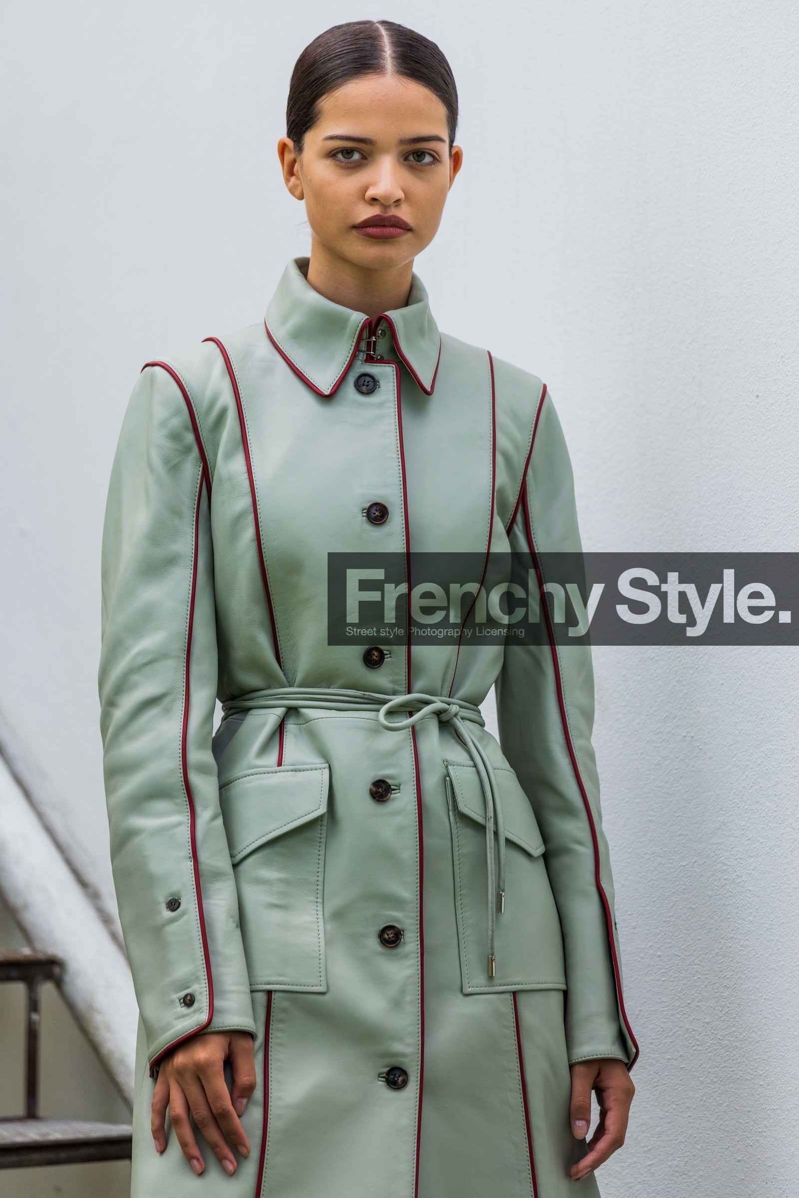 belted coat, coat, green coat, leather coat, pastel, pistachio coat, red lines, Lema Sekandary, fashion week, frenchystyle, FW, jonathan paciullo, street style, SPRING SUMMER 2022, SS 22, COPENHAGEN, CPHFW, vertical, atmosphere details