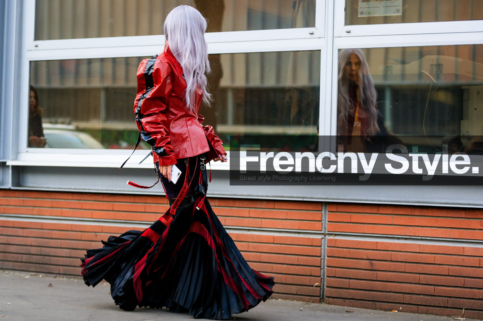 black skirt, dyed hair, graphic jacket, graphic skirt, leather jacket, pleated skirt, printed jacket, printed skirt, red jacket, fashion week, frenchystyle, FW, jonathan paciullo, street style, PFW, PARIS, AUTUMN WINTER 2018-2019, FALL WINTER 2018-2019, FW 18-19, horizontal, atmosphere details, full length