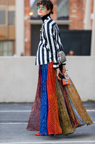 black and white, graphic jacket, graphic skirt, high heels, leather shoes, multicolor skirt, printed jacket, printed skirt, red shoes, striped jacket, sunglasses, fashion week, frenchystyle, FW, jonathan paciullo, street style, MFW, MILAN, AUTUMN WINTER 2018-2019, FALL WINTER 2018-2019, FW 18-19, vertical, full length