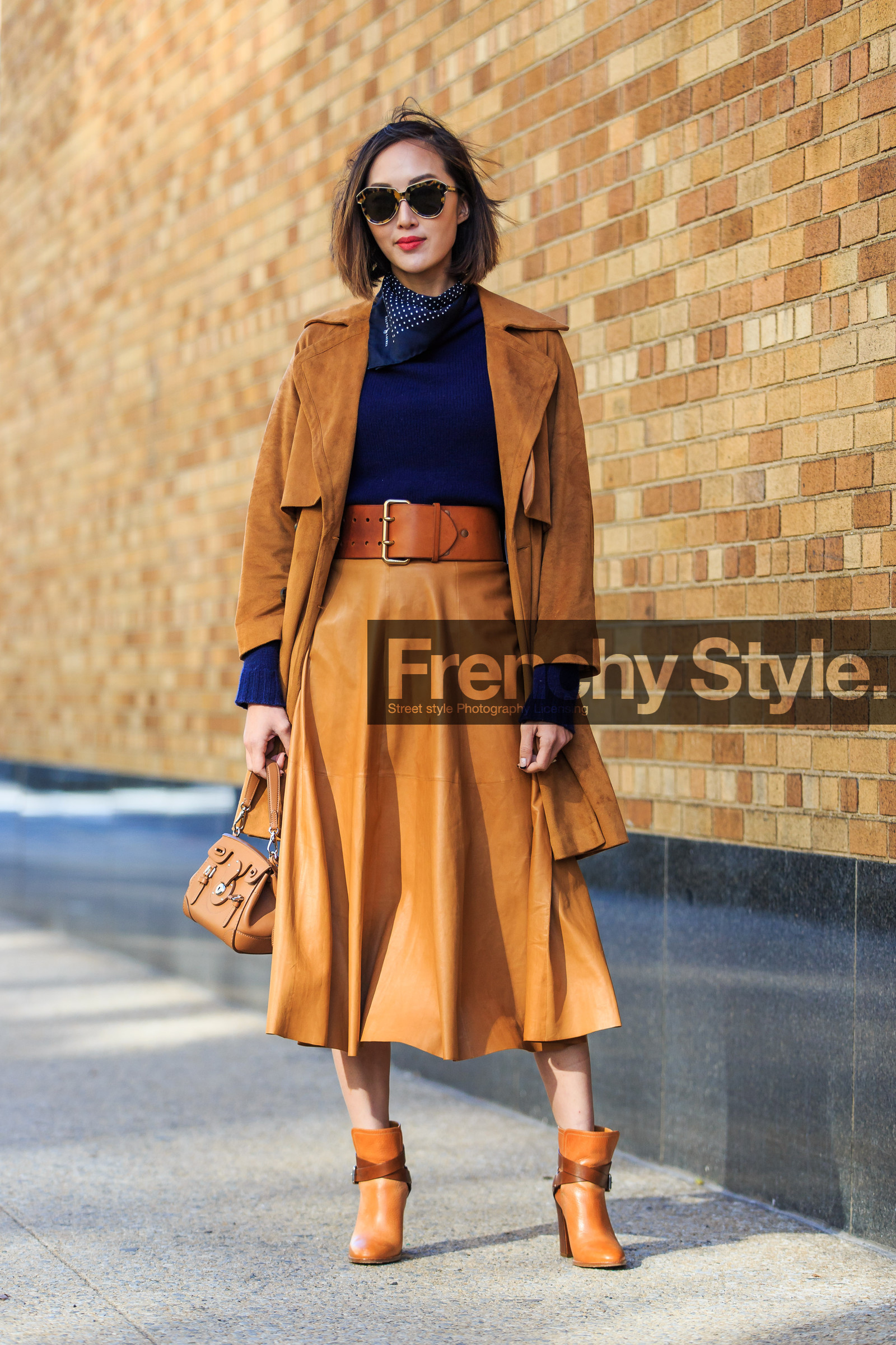 AUTUMN WINTER 2016-2017, AW 16-17, blue knit, blue scarf, blue sweater, brown belt, brown boots, brown jacket, brown skirt, camel bag, camel boots, camel coat, camel jacket, Chriselle Lim, fashion week, frenchystyle, full length, FW, FW 16-17, high heels, jonathan paciullo, leather bag, leather belt, leather boots, leather skirt, long skirt, NEW YORK, NYFW, polka dot, ralph lauren, street style, suede jacket, sunglasses, vertical, woman
