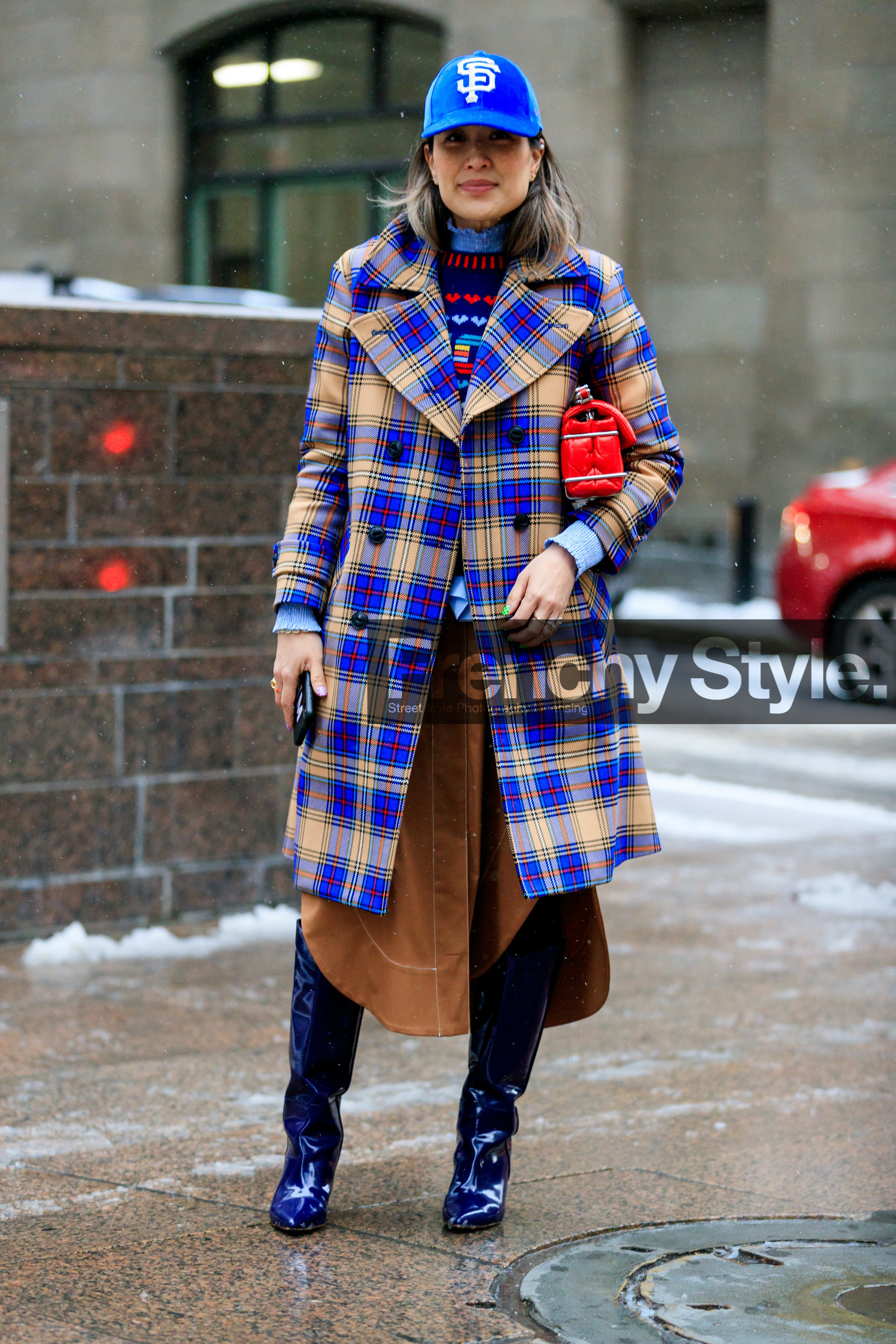 blue boots, blue cap, blue coat, brown skirt, checked, graphic jacket, gucci, high boots, high heels, leather bag, leather shoes, plaid, printed jacket, red bag, tartan, street style, jonathan paciullo, frenchystyle, NYFW, NEW YORK, AUTUMN WINTER 2019-2020, AW 19-20, FALL WINTER 2019-2020, FW 19-20, fashion week, FW, vertical, full length