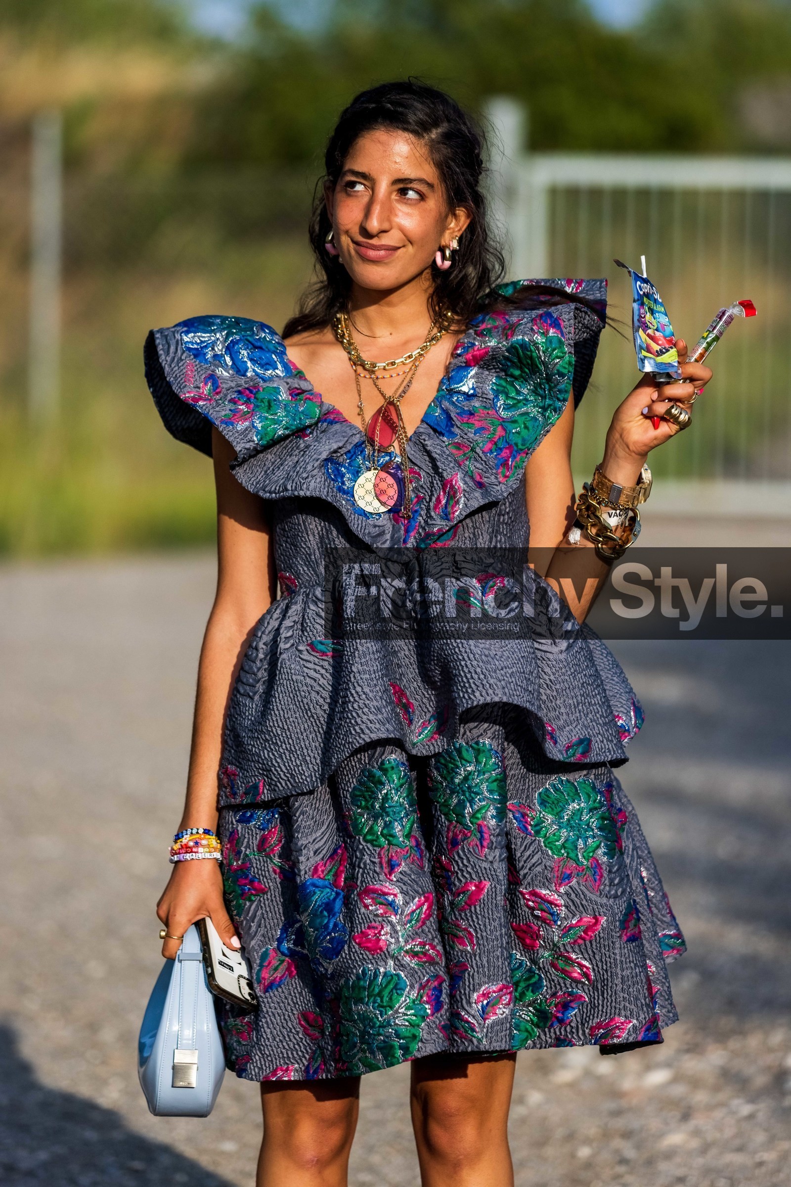 bag, blue bag, bracelet, chain necklace, color, dress, earrgings, embroidered dress, embroidery, floral dress, floral print, flower, flower print, gold bracelet, gold necklace, grey dress, hoops, leather bag, multicolor, necklace, oversized shoulder, pink sandals, print, printed dress, ring, ruffles, fashion week, frenchystyle, FW, jonathan paciullo, street style, CPHFW, COPENHAGEN, SS 22, SPRING SUMMER 2022, vertical, atmosphere details