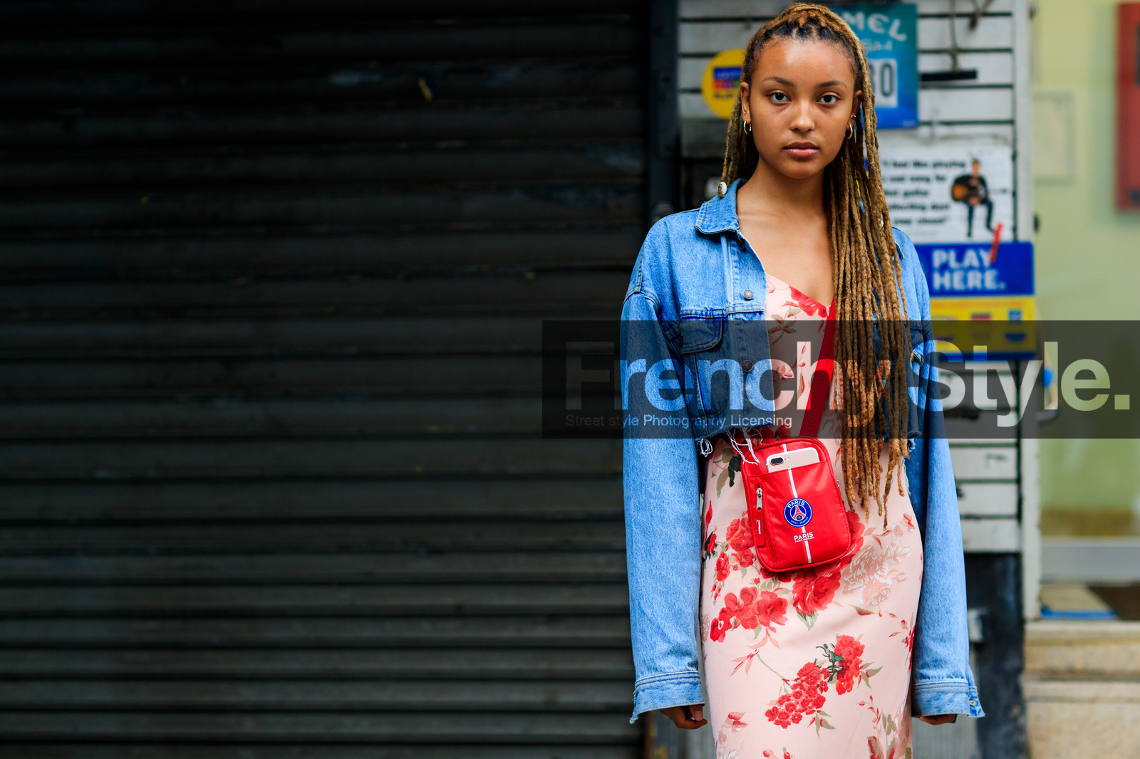 atmosphere details, blue denim, denim jacket, detail, fashion week, floral, flowers, frenchystyle, FW, graphic dress, horizontal, jonathan paciullo, leather bag, NEW YORK, NYFW, printed dress, red bag, red dress, SPRING SUMMER 2018, SS 18, street style