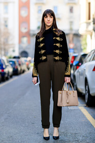 AUTUMN WINTER 2017-2018, AW 17-18, black shoes, embroidered jacket, embroideries, FALL WINTER 2017-2018, fashion week, frenchystyle, full length, FW, FW 17-18, graphic jacket, green pants, high heels, jonathan paciullo, leather bag, leather shoes, MFW, MILAN, nude bag, prada, printed jacket, street style, trousers, vertical