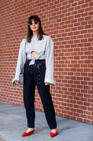 black pants, fashion week, frenchystyle, full length, FW, grey sweater, high waist, jonathan paciullo, leather bag, mules, NEW YORK, NYFW, red shoes, SPRING SUMMER 2018, SS 18, street style, sunglasses, trousers, vertical