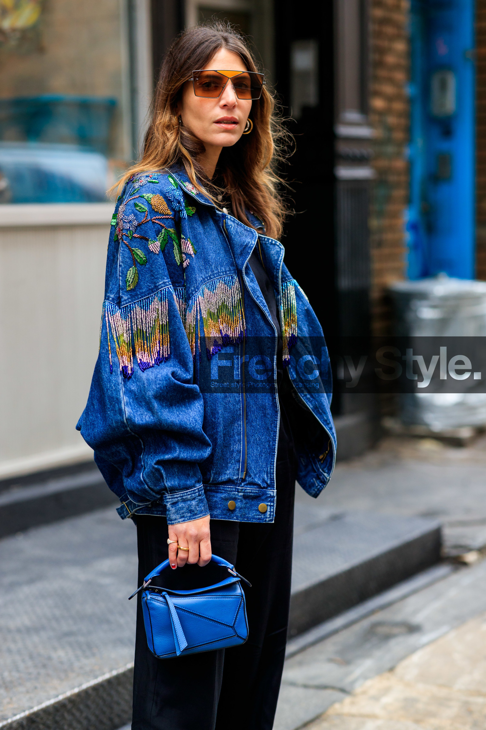 black pants, blue bag, blue denim, denim jacket, embroidered jacket, fringes, graphic jacket, jen wonders, leather bag, loewe, pearls, printed jacket, sunglasses, trousers, street style, jonathan paciullo, frenchystyle, NYFW, NEW YORK, AUTUMN WINTER 2019-2020, AW 19-20, FALL WINTER 2019-2020, FW 19-20, fashion week, FW, vertical, atmosphere details, detail