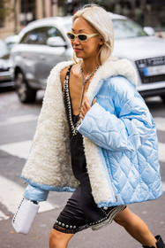 Vanessa Hong, bag, white bag, blue coat, black dress, coat, dress, miu miu look, short dress, statement dress, strap dress, strass, puffer, blue puffer, necklace, silver necklace, sunglasses, white sunglasses, fashion week, frenchystyle, FW, jonathan paciullo, street style, PFW, PARIS, SPRING SUMMER 2022, SS 22, vertical, atmosphere details