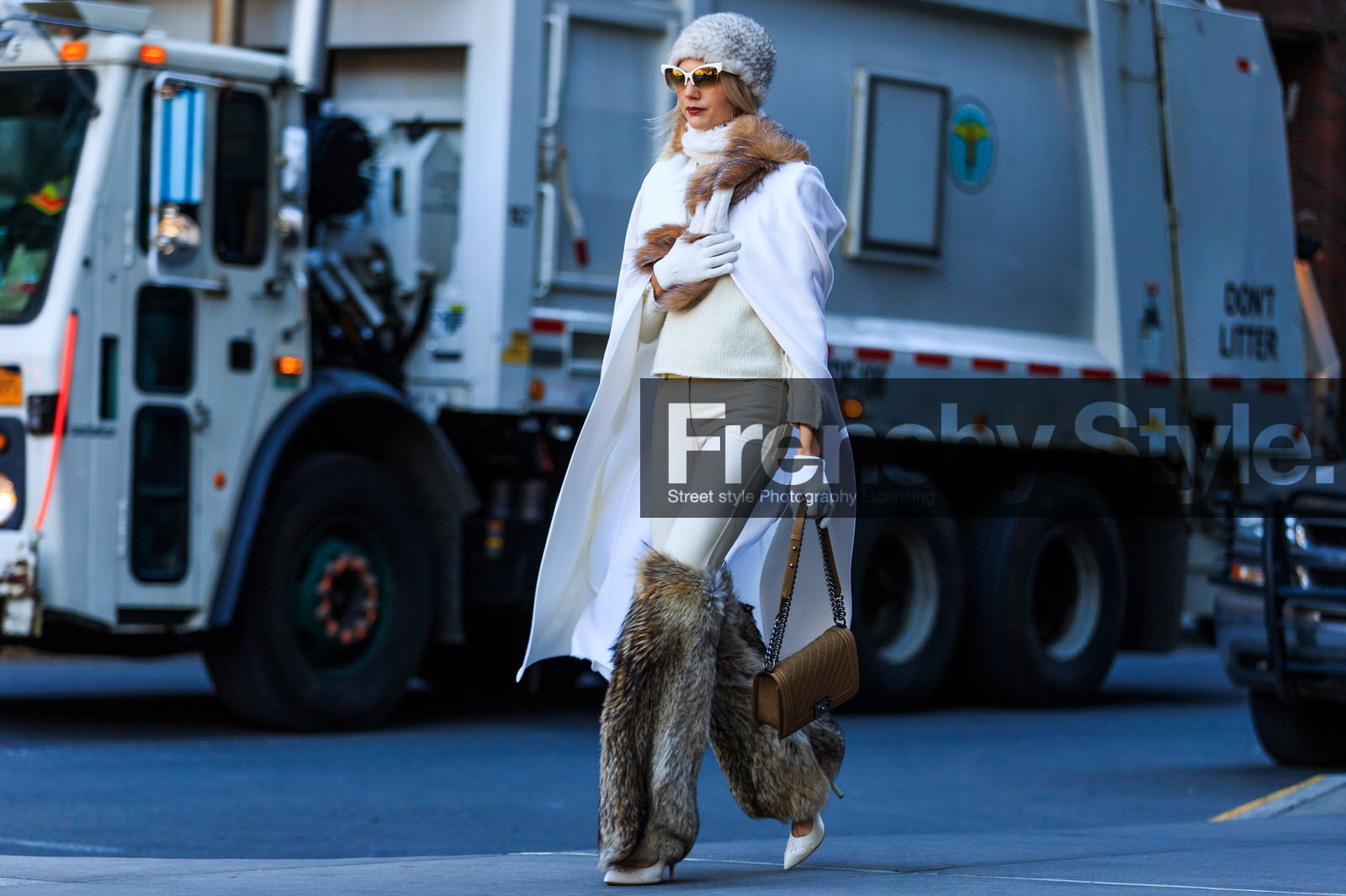 atmosphere details, AUTUMN WINTER 2016-2017, AW 16-17, boy bag, brown bag, chanel, denim pants, fashion week, frenchystyle, full length, fur hat, fur scarf, FW, FW 16-17, grey beanie, high heels, horizontal, jeans, jonathan paciullo, leather bag, leather shoes, natural, natural fur, NEW YORK, nude heels, NYFW, Samantha Angelo, street style, trousers, white coat, white denim, white knit, white sweater, woman