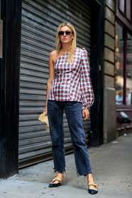 asymetric, black denim, black shoes, camille charriere, checked top, denim pants, fashion week, frenchystyle, full length, FW, graphic top, jeans, jonathan paciullo, leather bag, NEW YORK, NYFW, one shoulder, plaid, printed top, SPRING SUMMER 2018, SS 18, street style, sunglasses, tartan, trousers, vertical