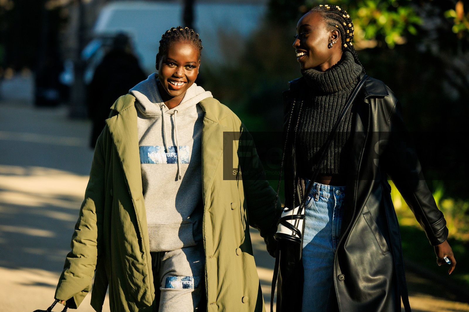 braided hair, model, kaki jacket, sporty look, grey hoodie, printed hoodie, grey tracking pants, printed pants, grey jumper, turtleneck jumper, cropped jumper, knitwear, classic jeans, leather trench, black trench, fashion week, frenchystyle, FW, jonathan paciullo, street style, PARIS, PFW, SPRING SUMMER 2022, SS 22, atmosphere details, detail, horizontal
