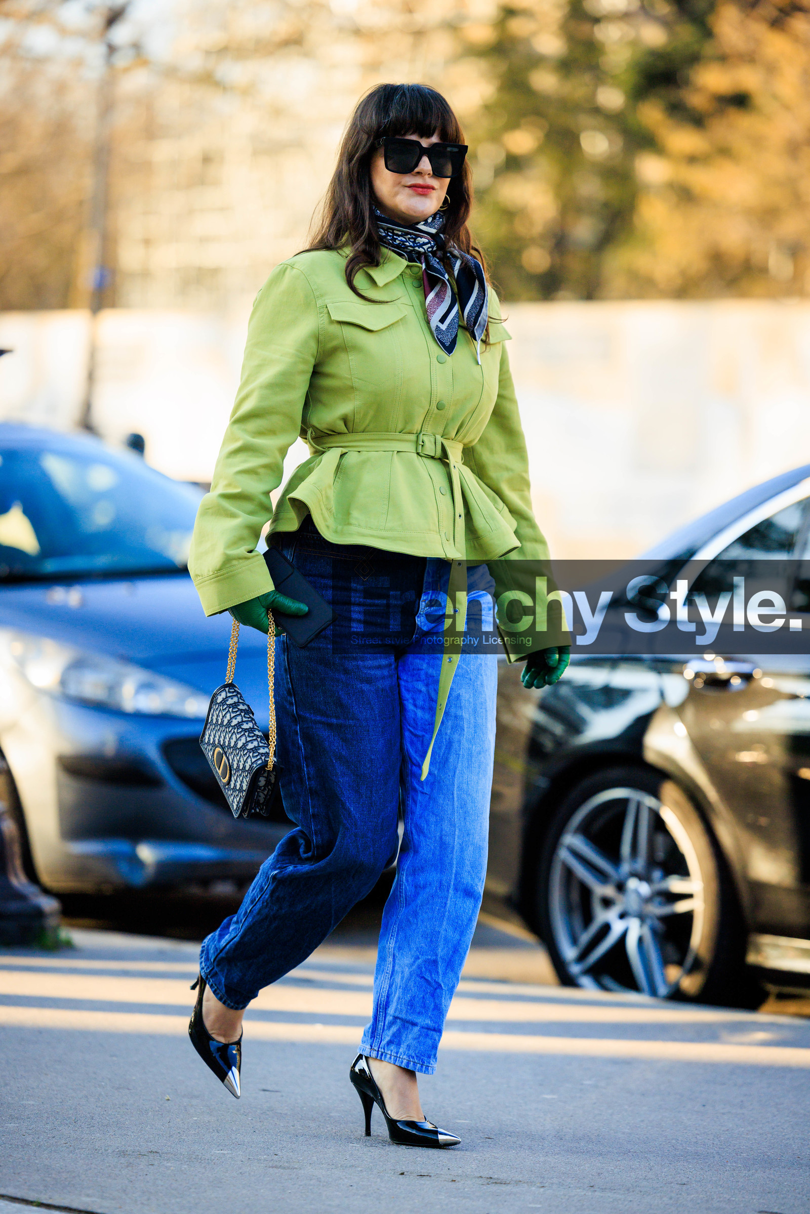 black sunglasses, printed scarf, green jacket, belted jacket, dual toned jeans, dior handbag, logo bag, monogram bag, black stilletos, black heels, fashion week, frenchystyle, FW, jonathan paciullo, street style, PARIS, PFW, SPRING SUMMER 2022, SS 22, full length, vertical