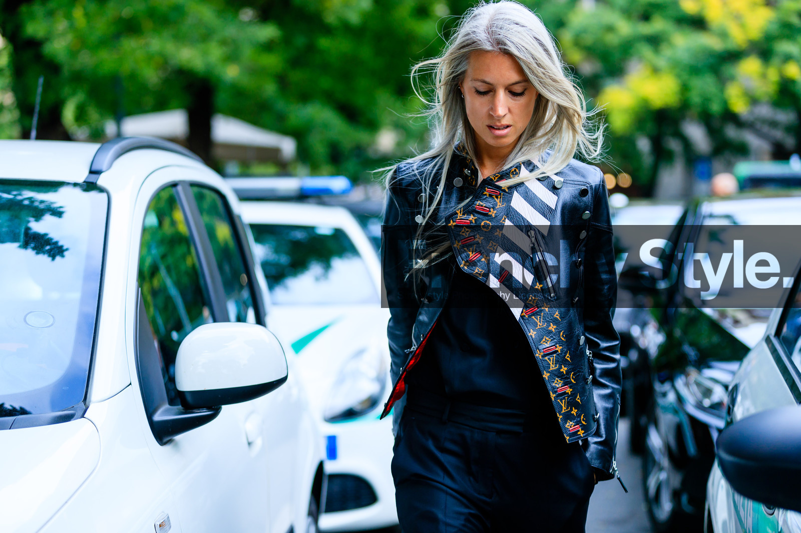 atmosphere details, black jacket, black pants, detail, dyed hair, fashion week, frenchystyle, FW, geometric, graphic jacket, horizontal, jonathan paciullo, leather jacket, louis vuitton, MFW, MILAN, monogram, printed jacket, sarah harris, SPRING SUMMER 2017, SS 17, street style, striped jacket, stripes, trousers