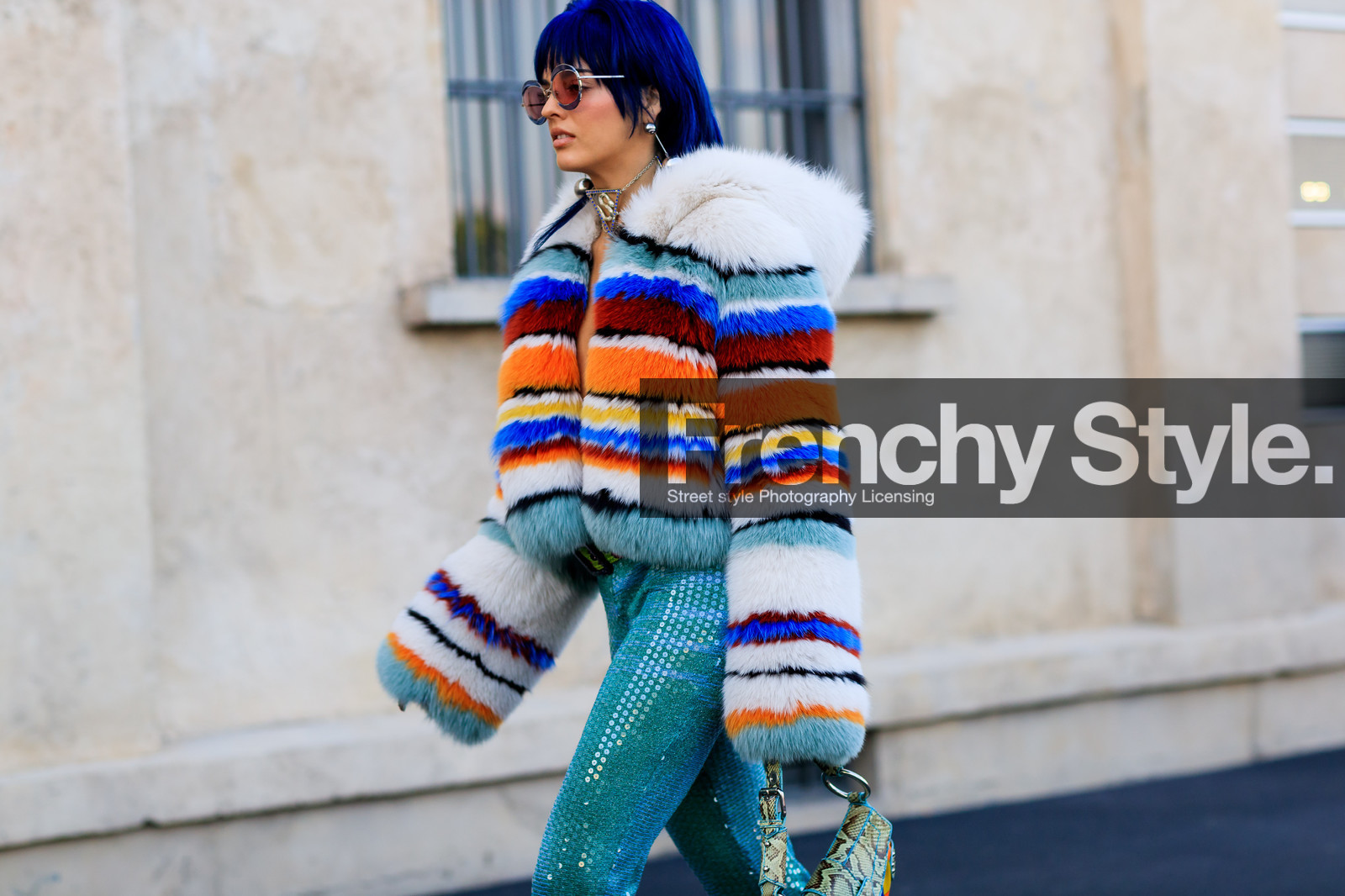 animal print, atmosphere details, blue hair, blue pants, detail, dyed hair, earrings, fashion week, frenchystyle, fur jacket, FW, geometric, glitter, graphic jacket, horizontal, jonathan paciullo, leather bag, MFW, MILAN, multicolor jacket, necklace, printed bag, printed jacket, sequined pants, shiny pants, sita abellan, snake print, SPRING SUMMER 2018, SS 18, street style, striped jacket, sunglasses, trousers, white fur