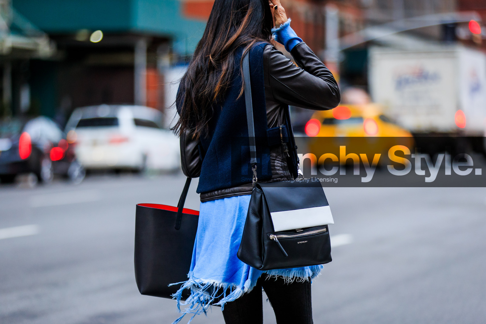 atmosphere details, AUTUMN WINTER 2016-2017, AW 16-17, black and white bag, black bag, black jacket, blue denim, denim skirt, detail, fashion week, frenchystyle, FW, FW 16-17, givenchy, horizontal, jonathan paciullo, leather bag, leather jacket, NEW YORK, NYFW, street style, teddy jacket, woman, zip