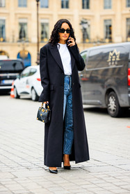 black sunglasses, white tshirt, black trench, buttoned trench, classic jeans, mini bag, leather bag, studded bag, valentino, black stilettos, fashion week, frenchystyle, FW, jonathan paciullo, street style, PARIS, PFW, SPRING SUMMER 2022, SS 22, full length, vertical, amina muaddi