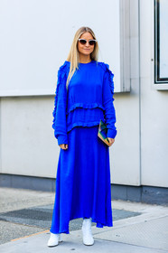 blue dress, fashion week, frenchystyle, full length, FW, high heels, jonathan paciullo, leather shoes, NEW YORK, NYFW, SPRING SUMMER 2018, SS 18, street style, sunglasses, vertical, white boots