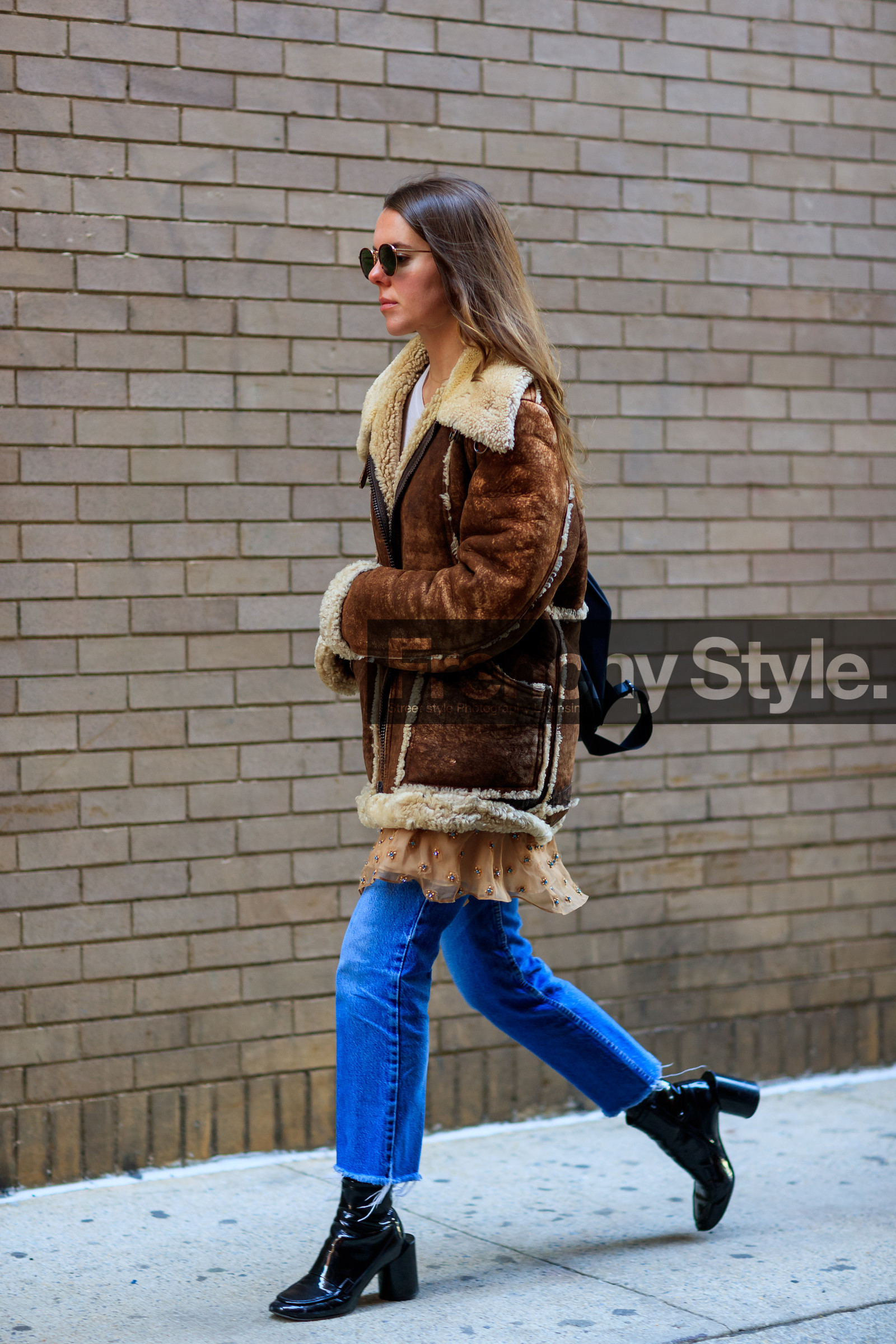 black shoes, blue denim, brown jacket, denim pants, high heels, jeans, leather shoes, shearling, sunglasses, trousers, street style, jonathan paciullo, FW, frenchystyle, fashion week, NYFW, NEW YORK, AUTUMN WINTER 2018-2019, AW 18-19, FALL WINTER 2018-2019, FW 18-19, vertical, full length