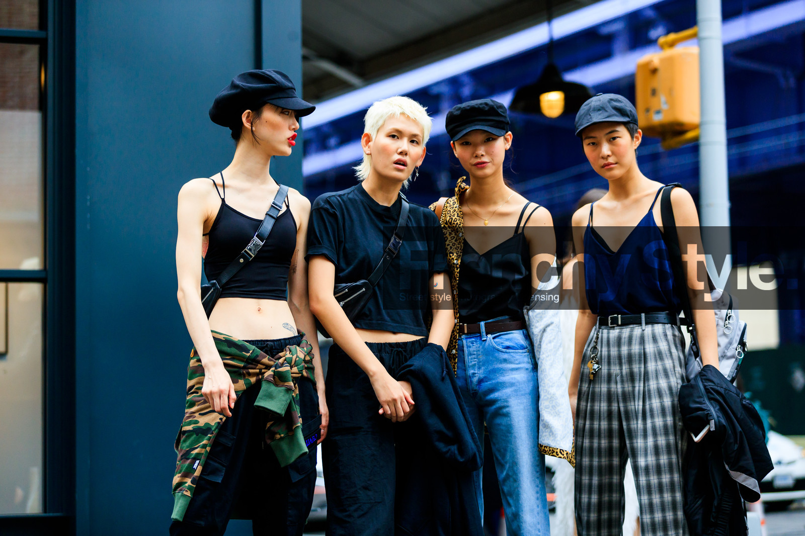 black bag, black belt, black hat, black pants, black top, blue denim, camo sweater, checked, crop top, denim pants, fanny pack, graphic pants, grey pants, jeans, leather bag, leather belt, model, plaid, printed pants, tied up sweater, trousers, street style, jonathan paciullo, FW, frenchystyle, fashion week, NYFW, NEW YORK, SPRING SUMMER 2019, SS 19, atmosphere details, horizontal, detail