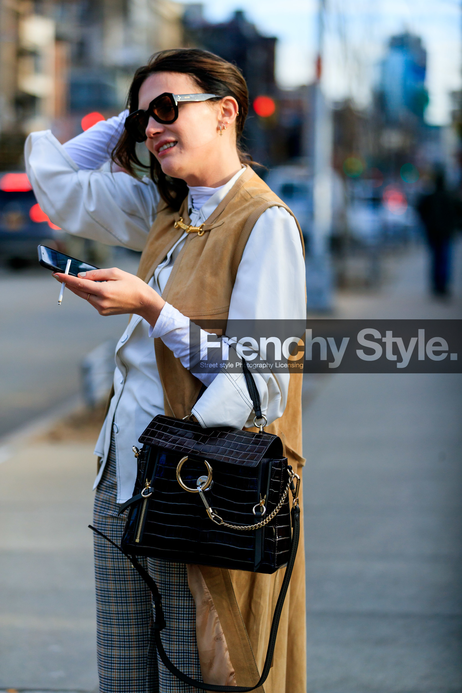 beige jacket, black bag, checked, chloé, graphic pants, grey pants, leather bag, madelynn furlong, plaid, printed pants, sleeveless, sunglasses, trousers, white jacket, white shirt, street style, jonathan paciullo, frenchystyle, NYFW, NEW YORK, AUTUMN WINTER 2019-2020, AW 19-20, FALL WINTER 2019-2020, FW 19-20, fashion week, FW, vertical, atmosphere details, detail