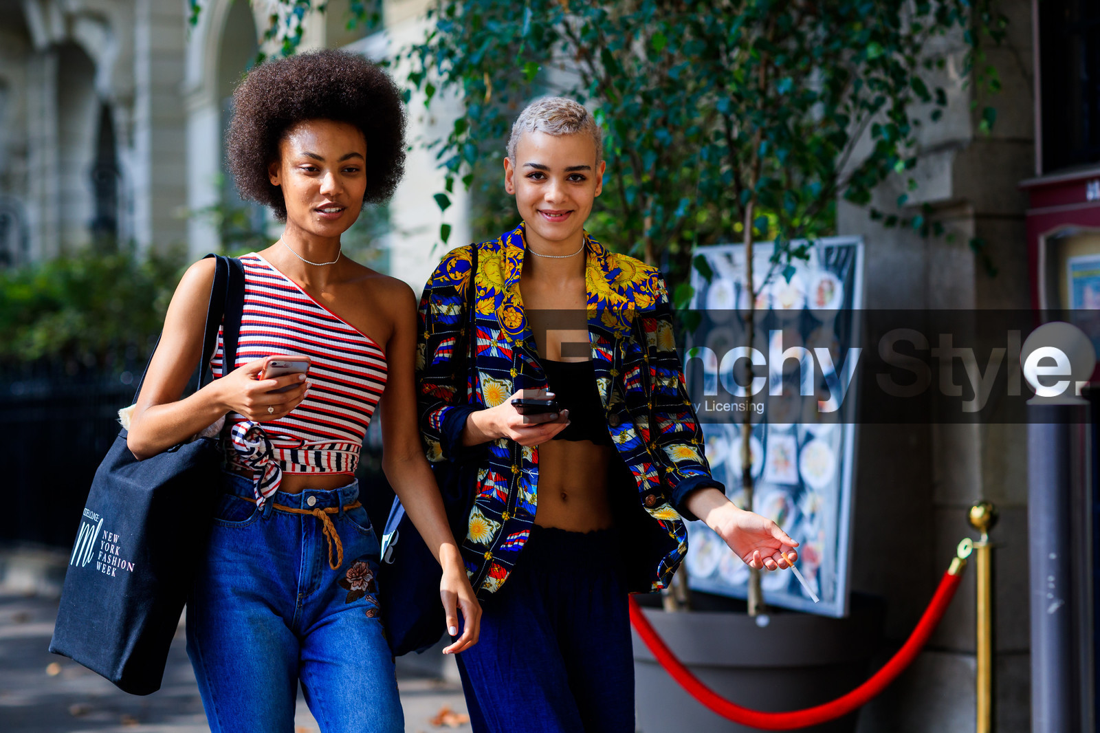 asymetric, atmosphere details, black bag, black bra, blazer, blue denim, brown belt, cropped top, denim pants, detail, dyed hair, embroidered jeans, fashion week, floral, flowers, frenchystyle, FW, graphic jacket, graphic top, horizontal, jeans, jonathan paciullo, leather bag, multicolor jacket, one shoulder, PARIS, PFW, printed jacket, printed top, SPRING SUMMER 2018, SS 18, street style, striped top, tote bag, trousers, model