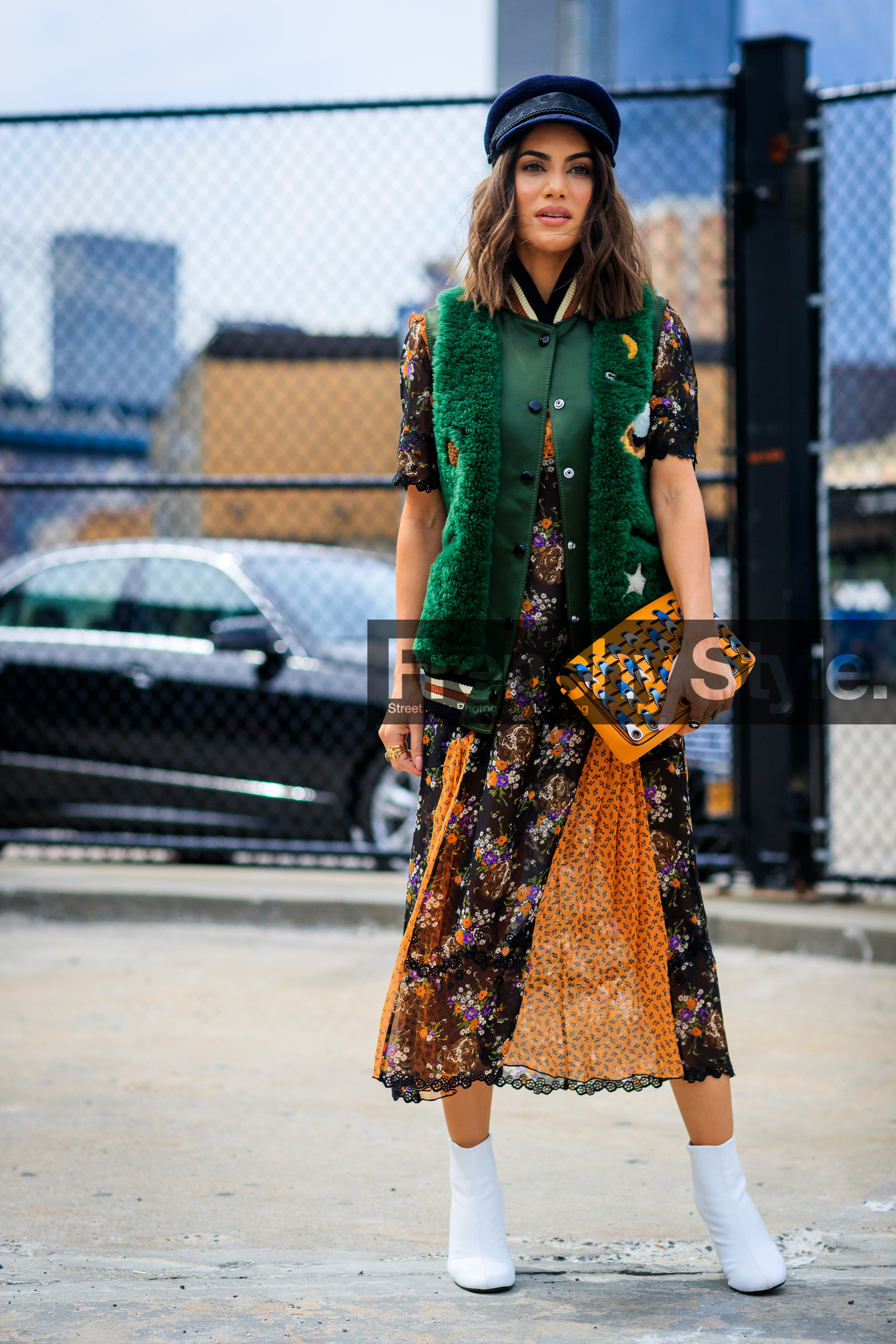 black cap, bomber jacket, camila coelho, fashion week, frenchystyle, full length, FW, graphic dress, green fur, green jacket, high heels, jonathan paciullo, leather bag, leather shoes, multicolor bag, NEW YORK, NYFW, orange bag, orange dress, printed bag, printed dress, sleeveless, SPRING SUMMER 2018, SS 18, street style, vertical, white boots
