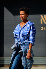 atmosphere details, blue denim, blue shirt, denim jacket, denim pants, detail, fashion week, frenchystyle, FW, graphic shirt, jeans, jonathan paciullo, model, NEW YORK, NYFW, SPRING SUMMER 2018, SS 18, street style, striped shirt, stripes, trousers, vertical