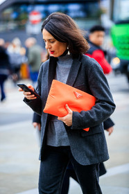 black denim, blazer, denim pants, earrings, grey jacket, grey sweater, jeans, leather bag, orange bag, prada, trousers, street style, jonathan paciullo, FW, frenchystyle, fashion week, LFW, LONDON, AUTUMN WINTER 2019-2020, AW 19-20, FW 19-20, FALL WINTER 2019-2020, vertical, atmosphere details, detail