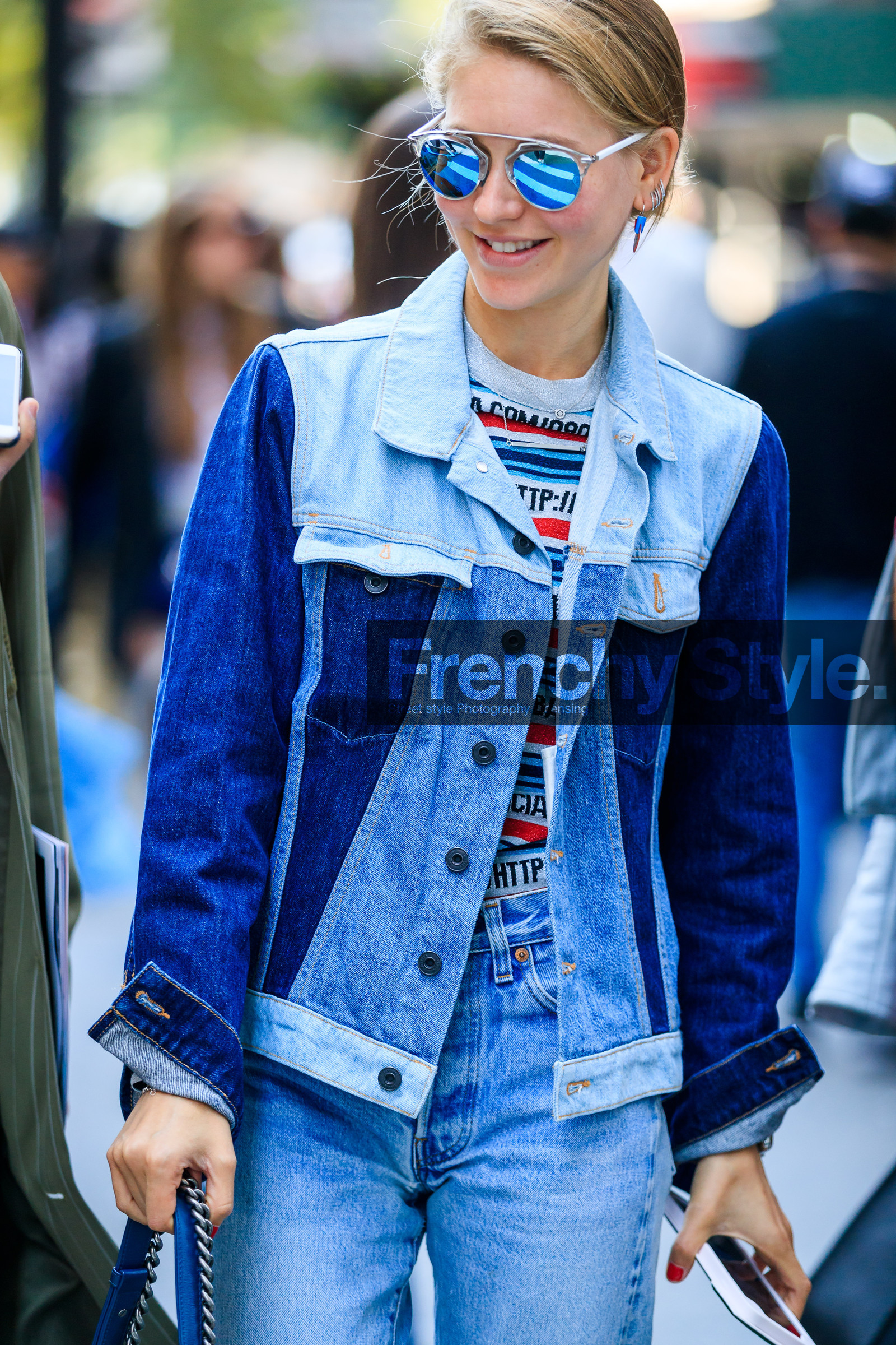 atmosphere details, blue denim, denim jacket, denim pants, detail, fashion week, frenchystyle, FW, jeans, jessica minkoff, jonathan paciullo, NEW YORK, NYFW, patchwork, SPRING SUMMER 2018, SS 18, street style, sunglasses, trousers, vertical