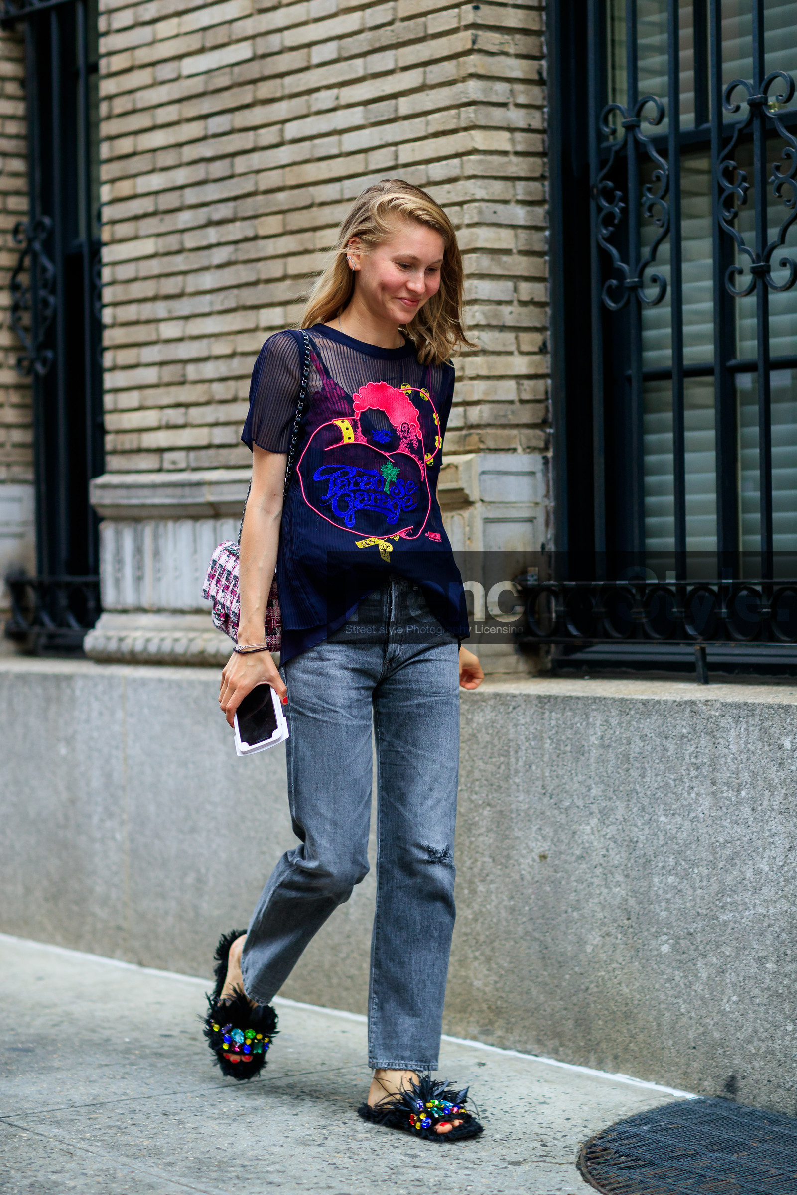 black denim, black shoes, chanel, denim pants, embroidered shoes, fashion week, frenchystyle, full length, fur shoes, FW, glitter, jeans, jessica minkoff, jewellery, jonathan paciullo, leather bag, leather shoes, multicolor shoes, NEW YORK, NYFW, pink bag, SPRING SUMMER 2018, SS 18, street style, trousers, tweed bag, vertical