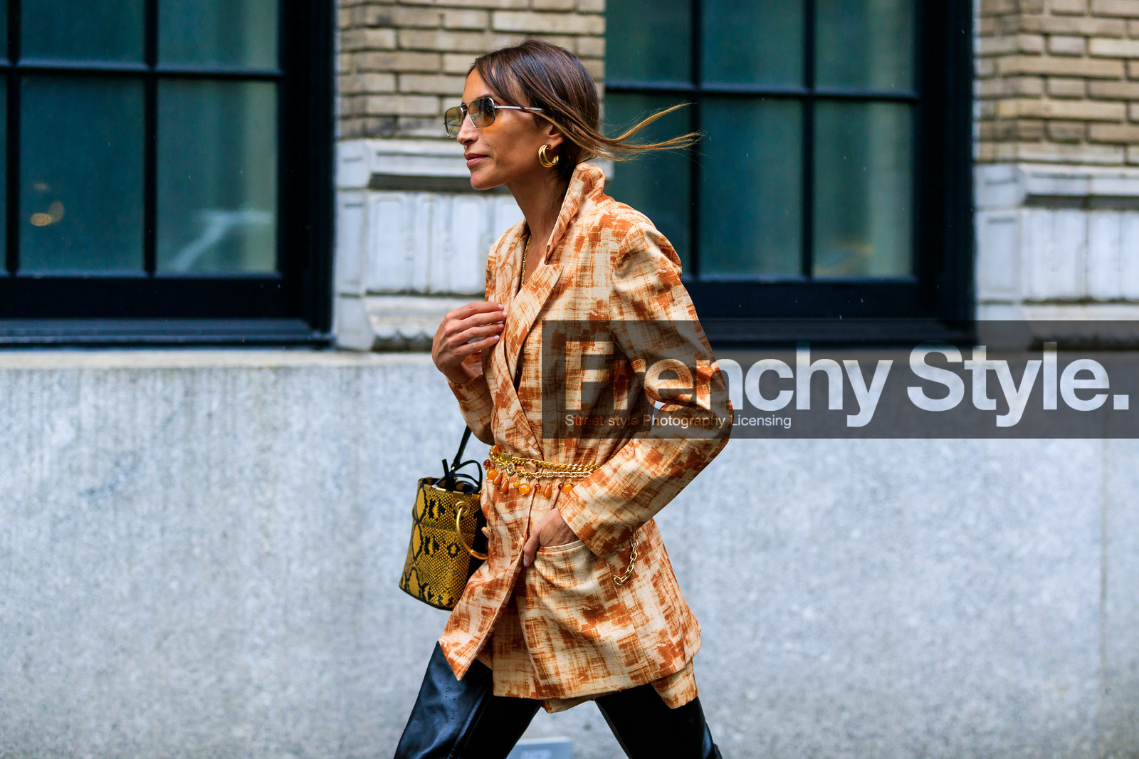animal print, beige jacket, black boots, black shoes, blazer, brown jacket, camel jacket, chloe loulou de saison, chloé, graphic bag, graphic jacket, high boots, leather bag, metallic belt, printed bag, printed jacket, snake print, sunglasses, yellow bag, street style, jonathan paciullo, FW, frenchystyle, fashion week, NYFW, NEW YORK, SPRING SUMMER 2019, SS 19, atmosphere details, horizontal, detail