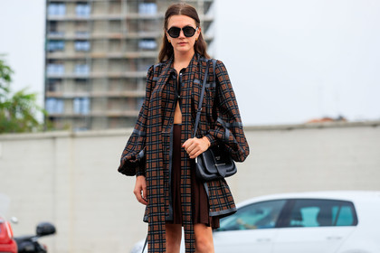 madelynn furlong, checked shirt, checked jacket, black jacket, red jacket, red shirt, black shirt, long shirt, long sleeves shirt, prada bag, shoulder bag, black leather bag, prada sunglasses, brown skirt, pleated skirt, fashion week, frenchystyle, FW, jonathan paciullo, street style, MFW, MILAN, SPRING SUMMER 2020, SS 20