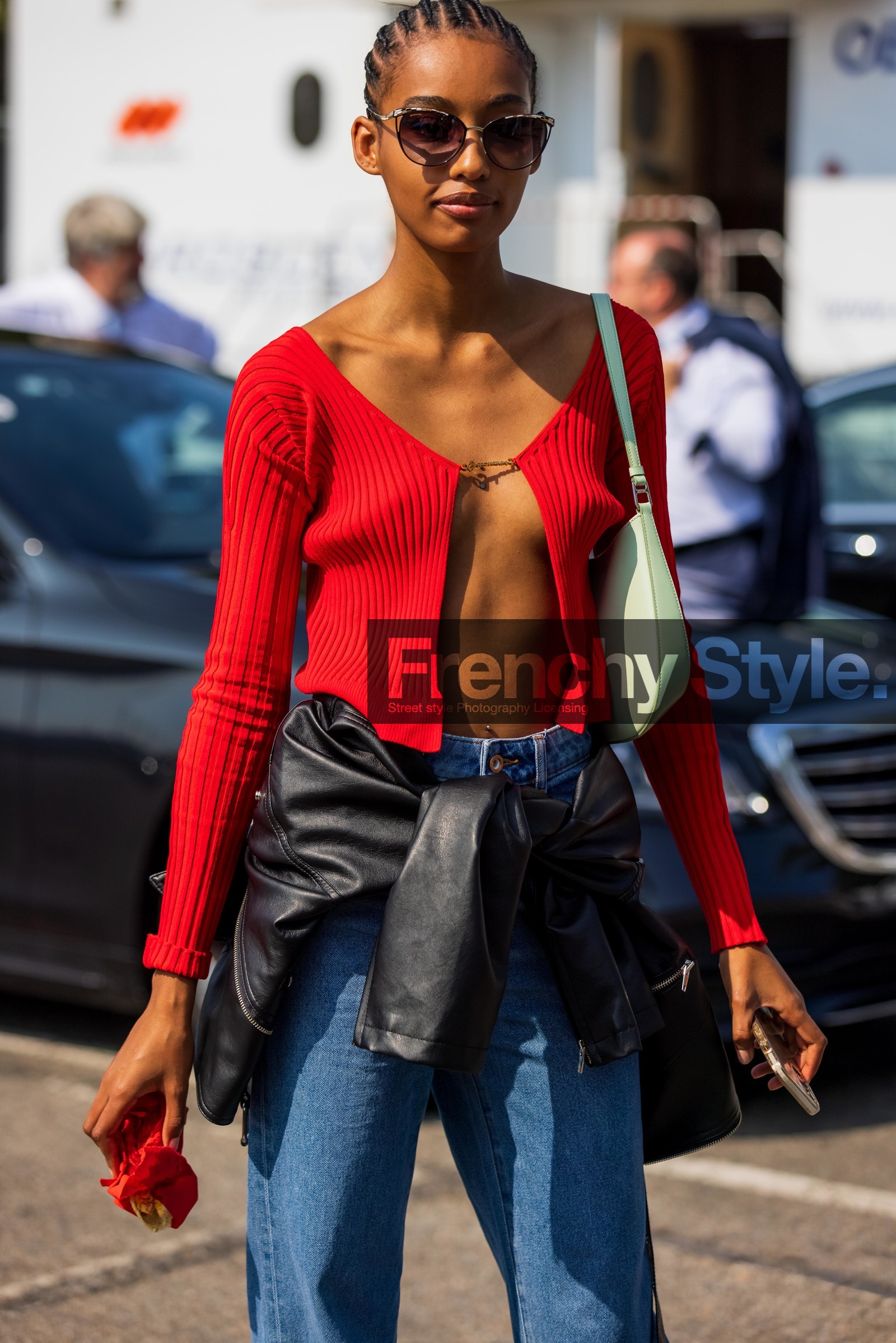 bulgari sunglasses, cateye sunglasses, cleo bag, color, denim, green bag, high waist jean, jacquemus top, jean, knotted waist, leather jacket, pistachio bag, prada bag, red top, ribbed knit, sunglasses, fashion week, frenchystyle, FW, jonathan paciullo, street style, MFW, MILAN, SPRING SUMMER 2022, SS 22, vertical, atmosphere details, detail